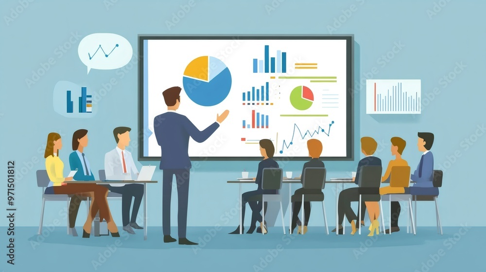 A businessman presenting data to a group of colleagues in a meeting. A businessman presenting data to a group of colleagues in a meeting.
