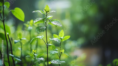  A tight shot of a plant with glistening water droplets on its leafy surface and an indistinct backdrop