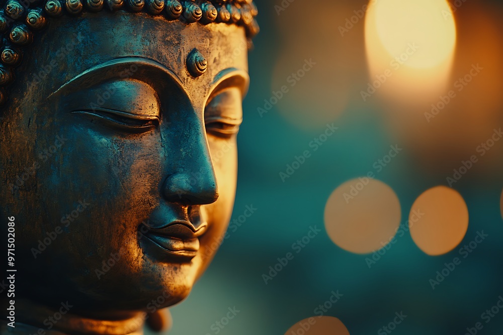 Bronze buddha statue face expressing serenity with blurred background Bronze buddha statue face expressing serenity with blurred background