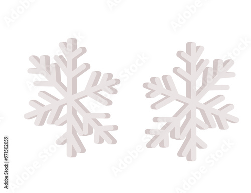Isometric white snowflake. Set of two snowflakes. Simple graphic design. Vector illustration isolated on white background