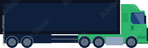 Green semi trailer truck driving on the road and transporting goods in a large black trailer