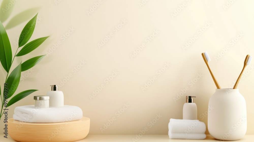 A bathroom with a plant and some towels on the counter, AI A bathroom with a plant and some towels on the counter, AI