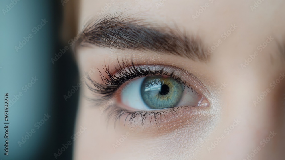 A tight shot of a blue-eyed person's eye, veiled by a blue eyeshade, features long, distinct lashes Background is softly blurred A tight shot of a blue-eyed person's eye, veiled by a blue eyeshade, features long, distinct lashes Background is softly blurred