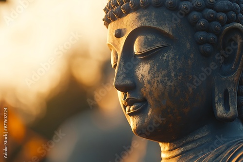 Close up of serene buddha statue enjoying sunset light