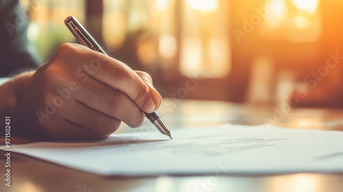 A person's hand signing a formal document with a pen, illuminated by warm sunlight, symbolizing contracts, agreements, or official paperwork. 