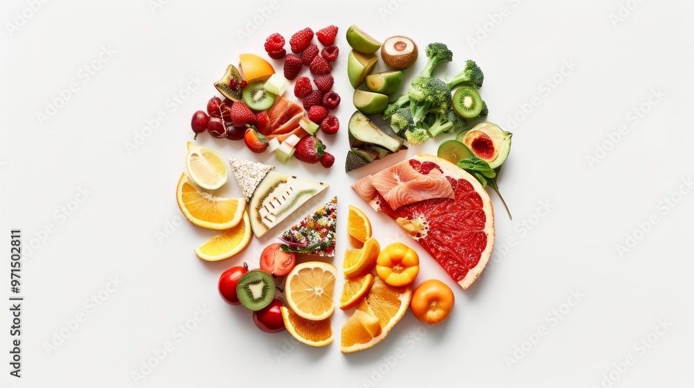 Food and fruit and vegetable pie charts presented on a clean white background. Each food group is different. It presents an engaging and educational picture of balanced nutrition. Food and fruit and vegetable pie charts presented on a clean white background. Each food group is different. It presents an engaging and educational picture of balanced nutrition.