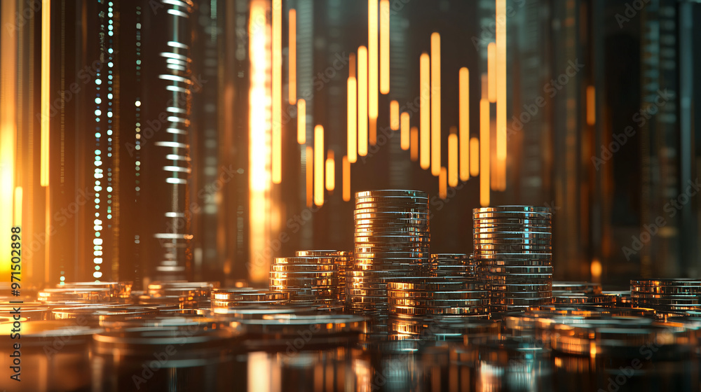 Stacks of glowing golden coins with a futuristic digital backdrop. Stacks of glowing golden coins with a futuristic digital backdrop.