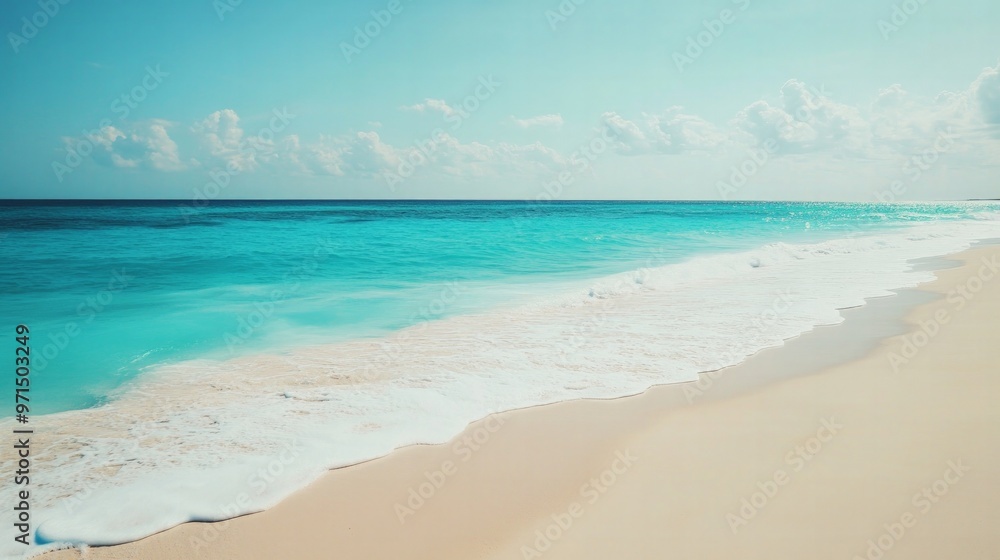 Peaceful beach with turquoise waves gently lapping on white sand, pristine and tranquil, ideal for vacation and relaxation themes. Peaceful beach with turquoise waves gently lapping on white sand, pristine and tranquil, ideal for vacation and relaxation themes.