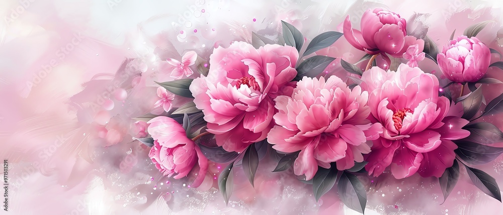 Fototapeta premium Bouquet of pink peonies with a bow, sparkling accents, watercolor style
