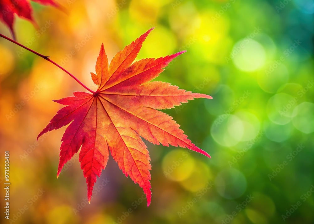 Crisp red Japanese maple leaf stands out against a soft green haze, basking in warm autumn sunbeams on a serene day. Crisp red Japanese maple leaf stands out against a soft green haze, basking in warm autumn sunbeams on a serene day.