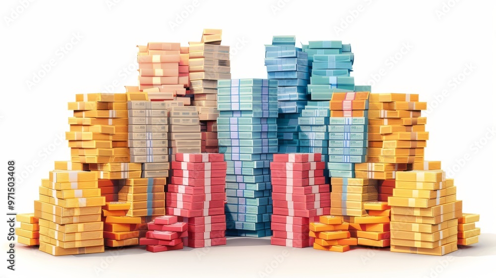 Enormous packs of banknotes, stacked high, illustrating financial stability and inheritance, vector style with clean white background Enormous packs of banknotes, stacked high, illustrating financial stability and inheritance, vector style with clean white background