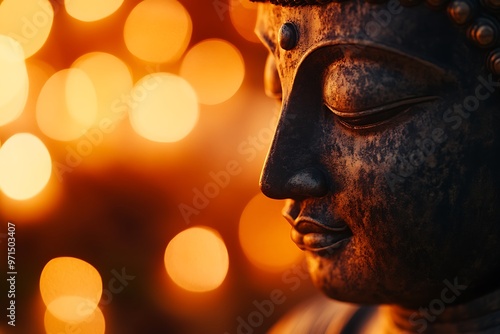 Buddha statue meditating with blurred lights background