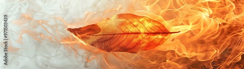 Burning leaf against a white background, intense flames photo