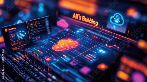 Digital artwork depicting cloud computing technology It represents a concept that seamlessly integrates into the office environment. and computer screens that display information