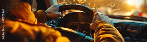 Closeup of hands adjusting car radio, blurred background, warm ambient lighting, intimate perspective