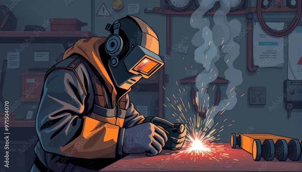 Industrial Worker Welding Metal in Workshop Industrial Worker Welding Metal in Workshop