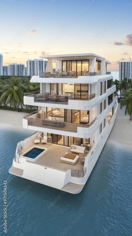 Obraz premium A stunning luxury yacht is moored off Miami Beach during sunset, showcasing its upscale design and a sunken pool area with panoramic views of the cityscape
