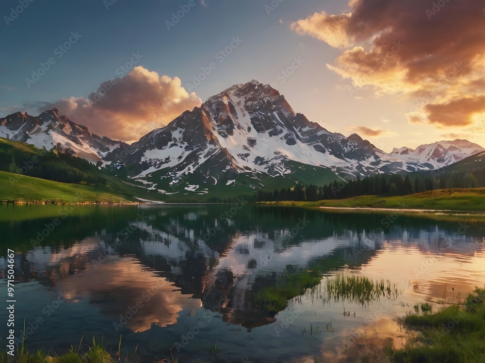 Majestic Mountain Reflection in Tranquil Lake at Sunset Majestic Mountain Reflection in Tranquil Lake at Sunset