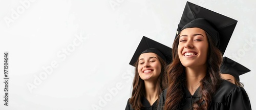 Graduates in caps and gowns, white background, proud and celebratory