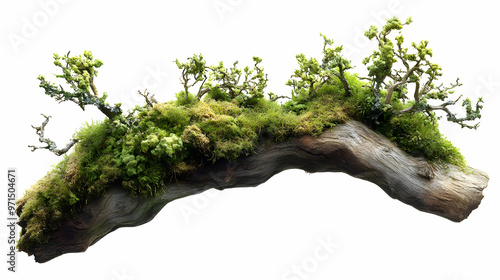 A moss-covered log with small trees, showcasing a natural landscape element.