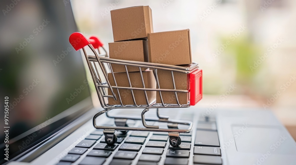 A miniature shopping cart filled with cardboard boxes sits on a laptop keyboard, representing online shopping and e-commerce. A miniature shopping cart filled with cardboard boxes sits on a laptop keyboard, representing online shopping and e-commerce.