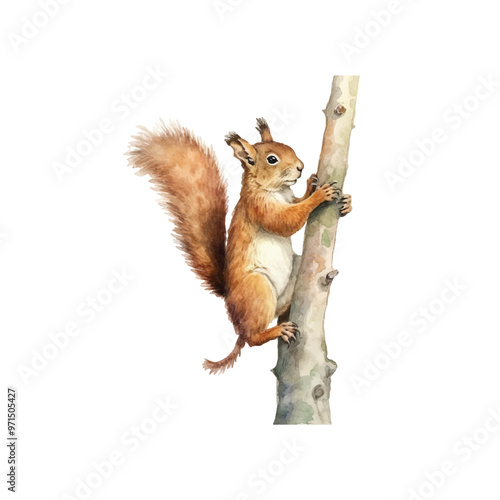 watercolor little squirrel climb tree branch vector illustration, white background