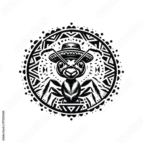 ant in bohemian black and white silhouette illustration