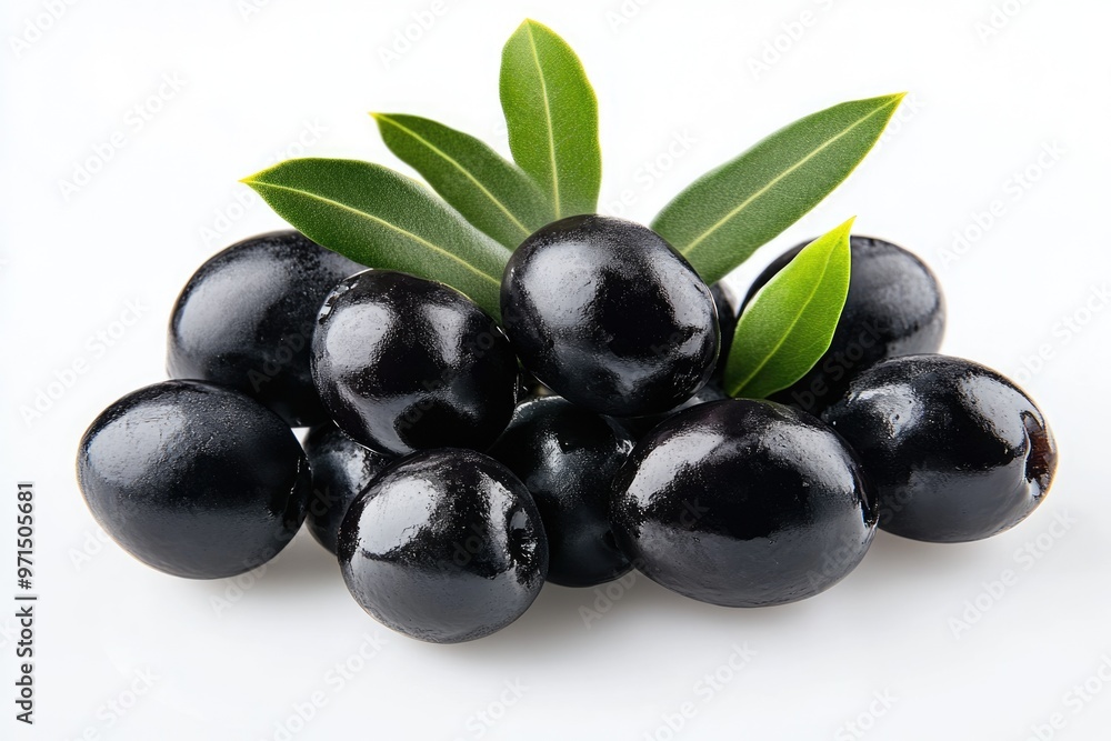 Fresh Organic Black Olives with Leaves, Isolated on Beautiful White Background Fresh Organic Black Olives with Leaves, Isolated on Beautiful White Background