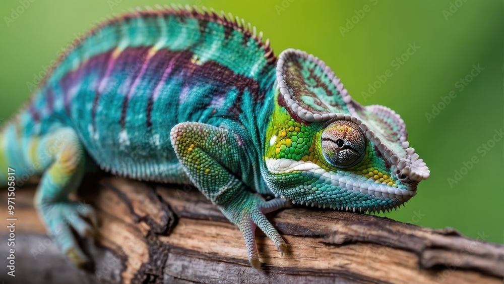 Fototapeta premium A vibrant chameleon resting on a branch, showcasing its colorful scales and unique features.