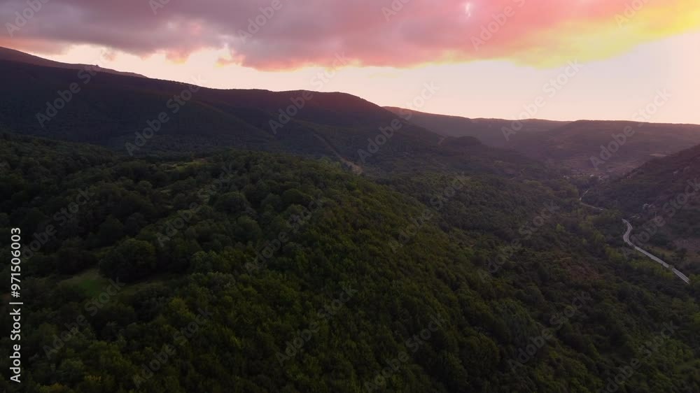 Aerial view of scenic sunset in autumn forest. High quality 4k footage Aerial view of scenic sunset in autumn forest. High quality 4k footage