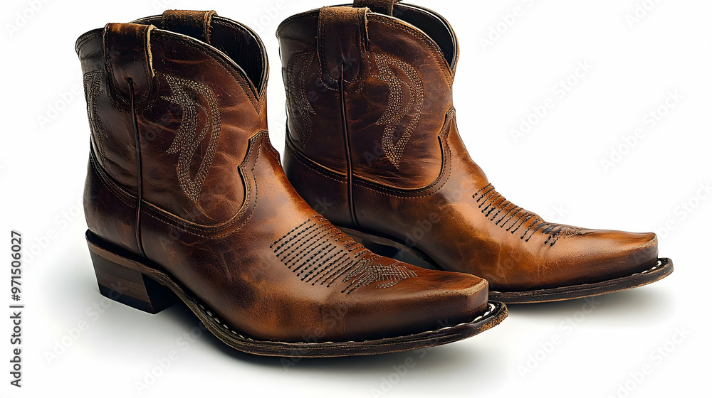 A pair of brown leather cowboy boots displayed for sale or fashion purposes. A pair of brown leather cowboy boots displayed for sale or fashion purposes.
