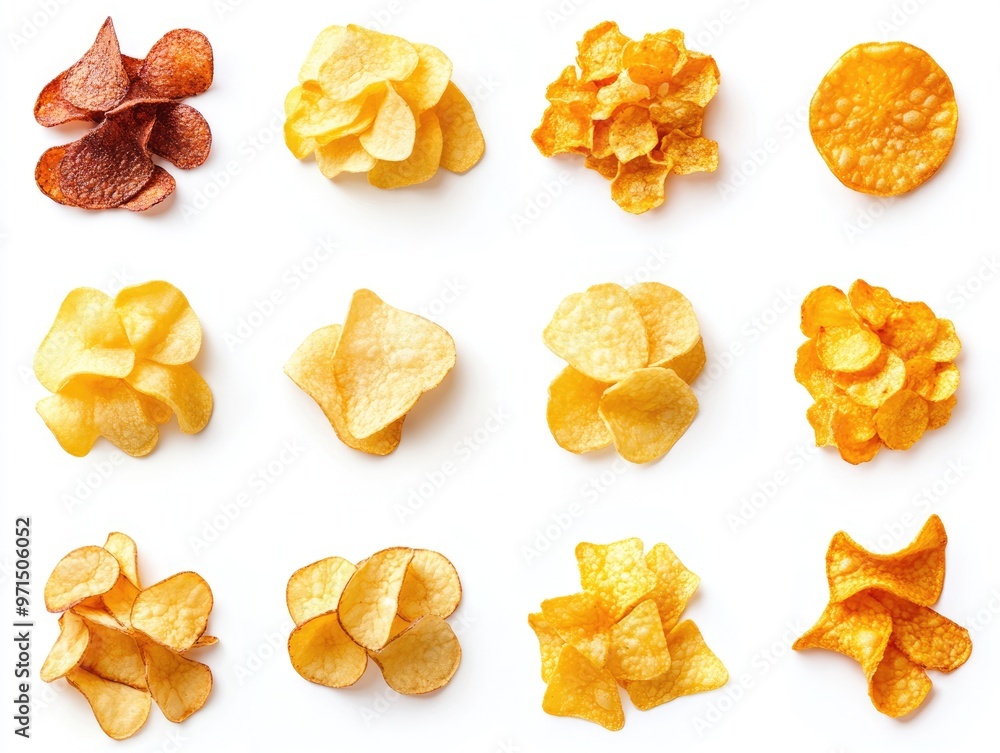 Assorted Potato Chips Pile on White Background. Crispy Snack Collection with Spicy Flavors Assorted Potato Chips Pile on White Background. Crispy Snack Collection with Spicy Flavors