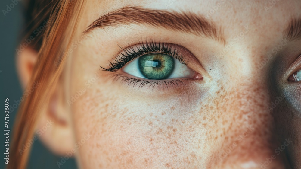 Fototapeta premium Close-up of a woman's green eye with freckles