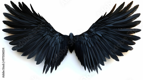 A pair of black wings displayed symmetrically against a white background.