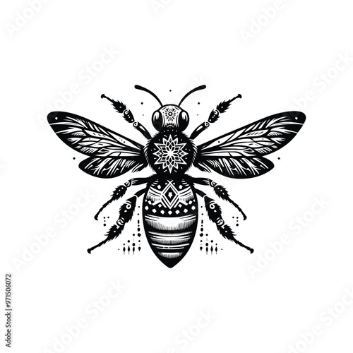 Bee in bohemian black and white silhouette illustration