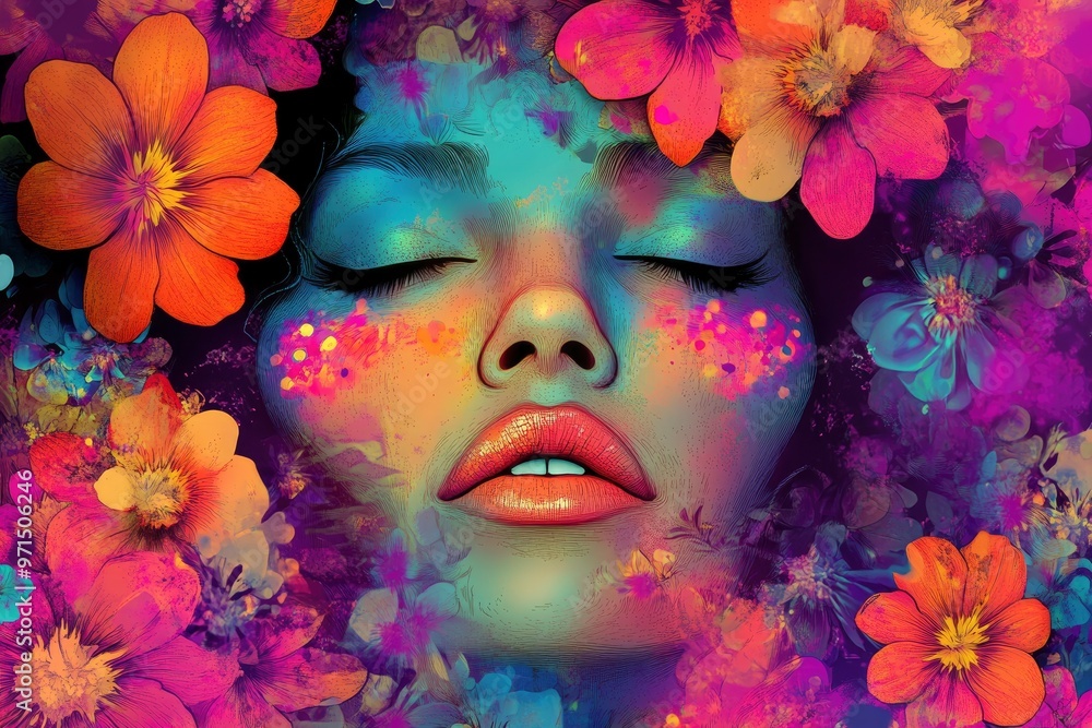 Woman face with flowers. Colorful background. Psychedelic digital art. Multicolored illustration of a woman face with generative ai Woman face with flowers. Colorful background. Psychedelic digital art. Multicolored illustration of a woman face with generative ai