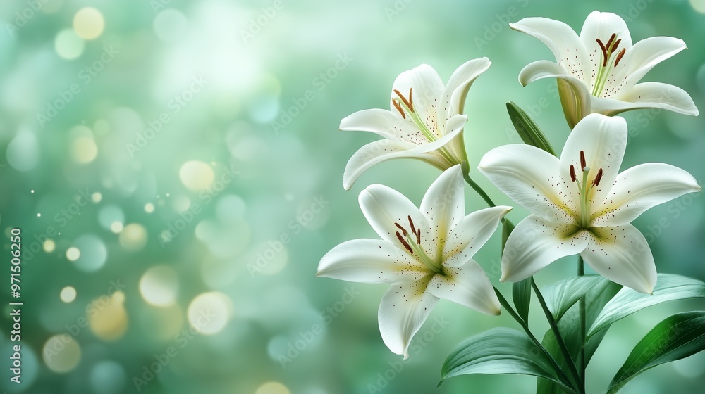 Lilies on Emerald Background. a cluster of lilies with speckled petals against an emerald green bokeh background. The flowers are in various stages of bloom. Lilies on Emerald Background. a cluster of lilies with speckled petals against an emerald green bokeh background. The flowers are in various stages of bloom.