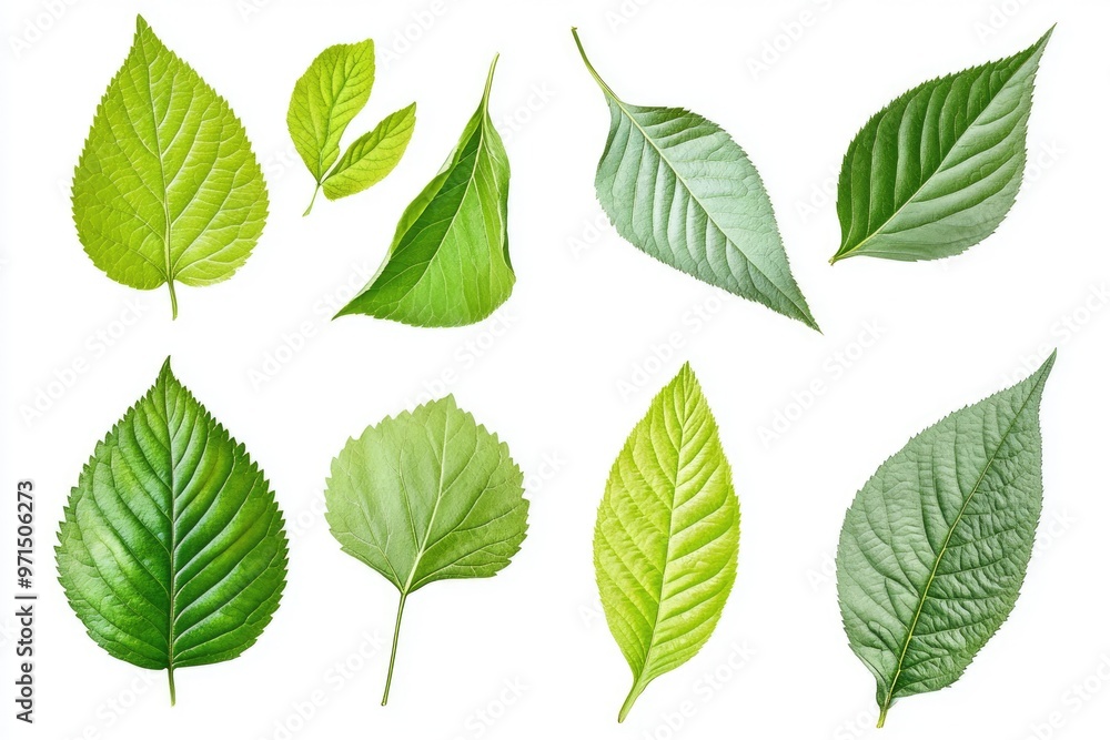 Botanical Freshness: Array of Vibrant Green Leaves on White Background Botanical Freshness: Array of Vibrant Green Leaves on White Background