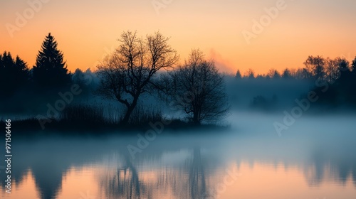  A scene featuring a body of water, backed by trees, and a fog-obscured mid-sky, dotted with trees in the foreground