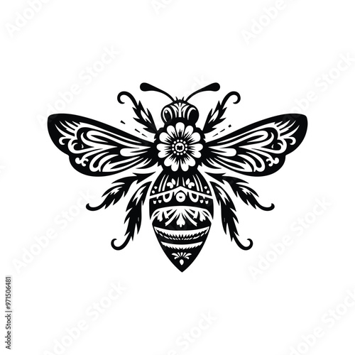 Bee in folk art black and white silhouette illustration