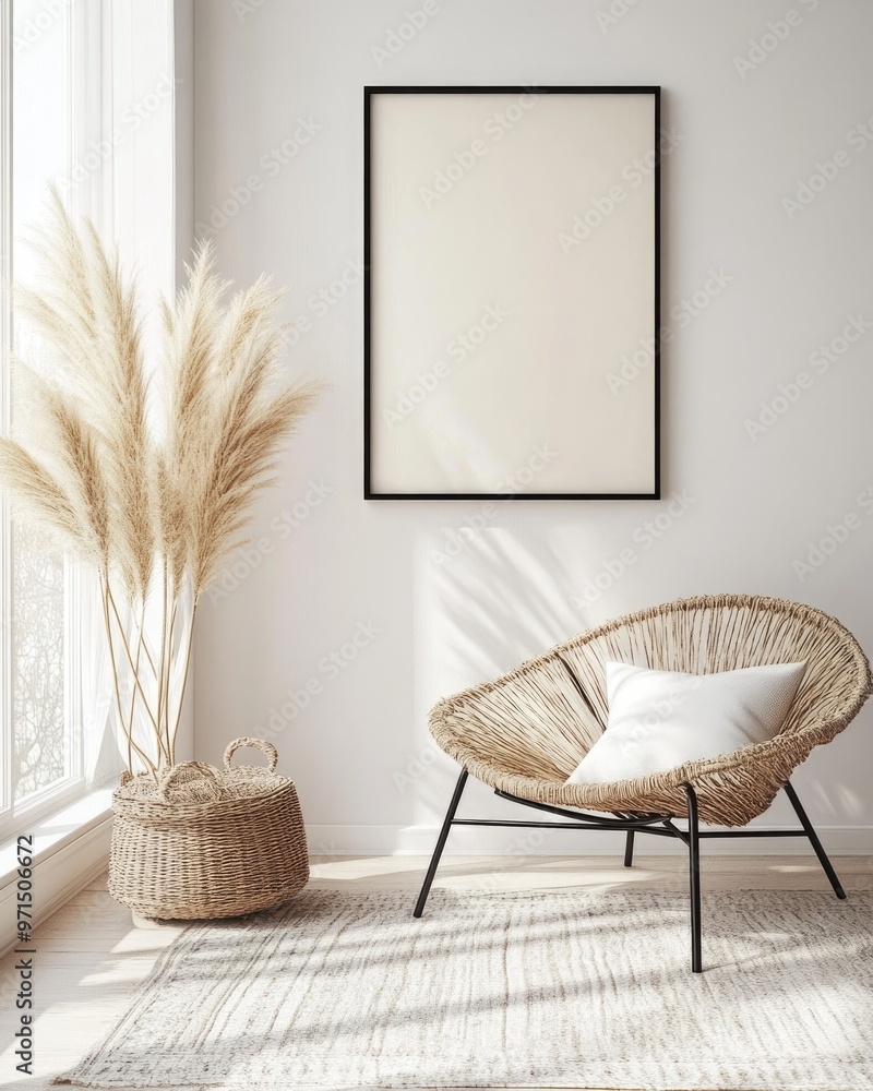 Fototapeta premium Elegant Bohemian Interior Decor with Mock-Up Frame in 3D Rendering