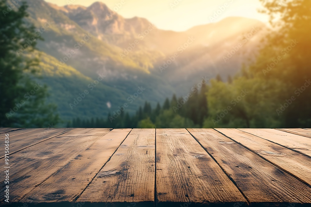 Empty wooden tabletop overlooking a mountain valley at sunset Empty wooden tabletop overlooking a mountain valley at sunset