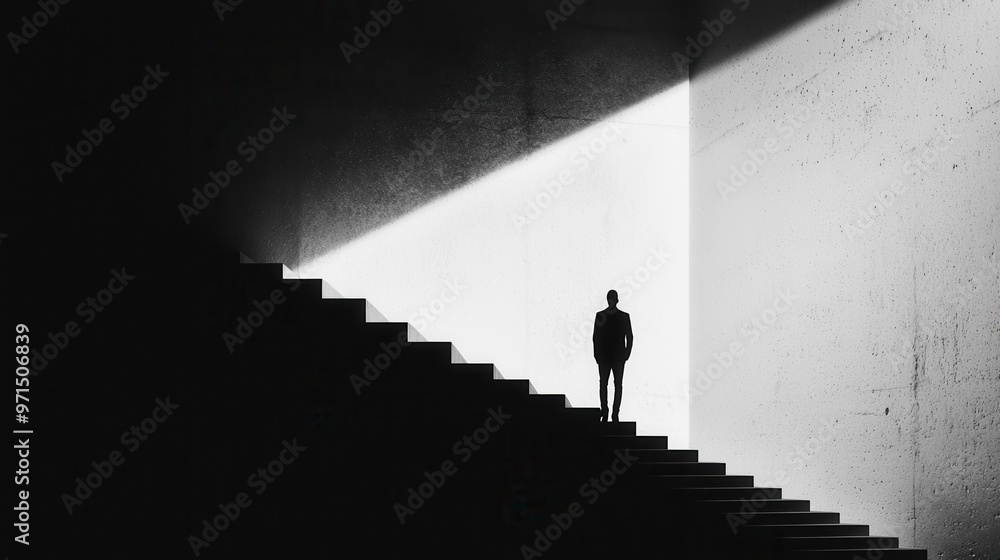 A figure climbing a staircase that gradually fades into an empty abyss, the feeling of losing direction and energy A figure climbing a staircase that gradually fades into an empty abyss, the feeling of losing direction and energy