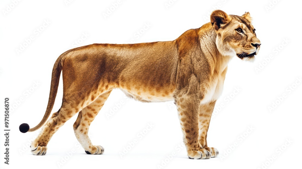 Fototapeta premium A Lioness Standing on a White Background, Looking Right