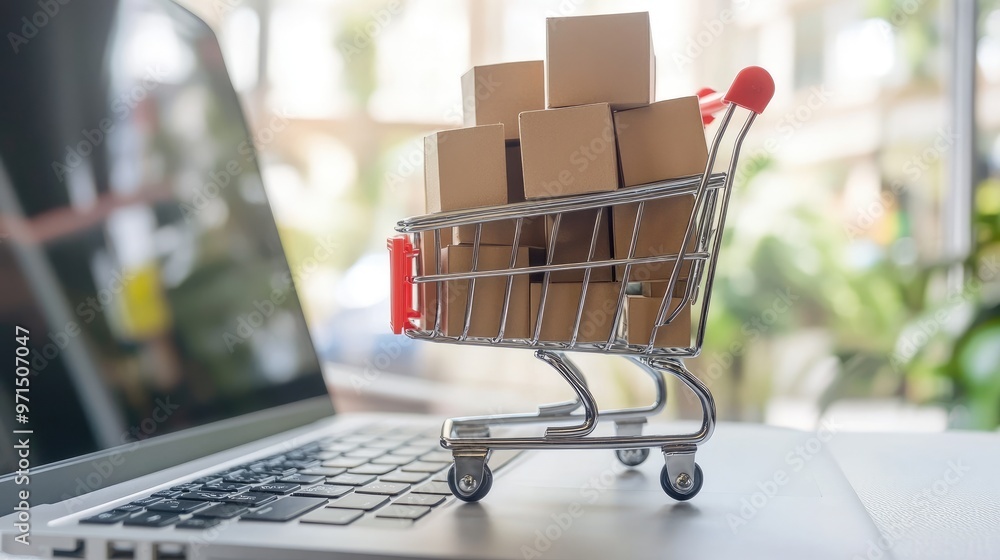 A miniature shopping cart filled with cardboard boxes sits on a laptop keyboard, representing online shopping and e-commerce. A miniature shopping cart filled with cardboard boxes sits on a laptop keyboard, representing online shopping and e-commerce.