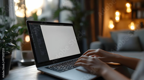 A person typing on a laptop in a cozy, well-lit indoor environment.