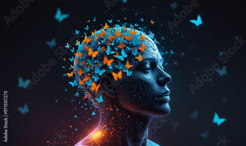 Artistic Representation of a Silhouette with Butterflies Flying from the Brain for Mindfulness Themes