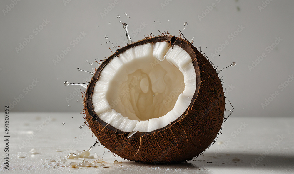 Close-Up of a Coconut Shell with Water Droplets and Splashing for Refreshing Beverage Ideas Close-Up of a Coconut Shell with Water Droplets and Splashing for Refreshing Beverage Ideas