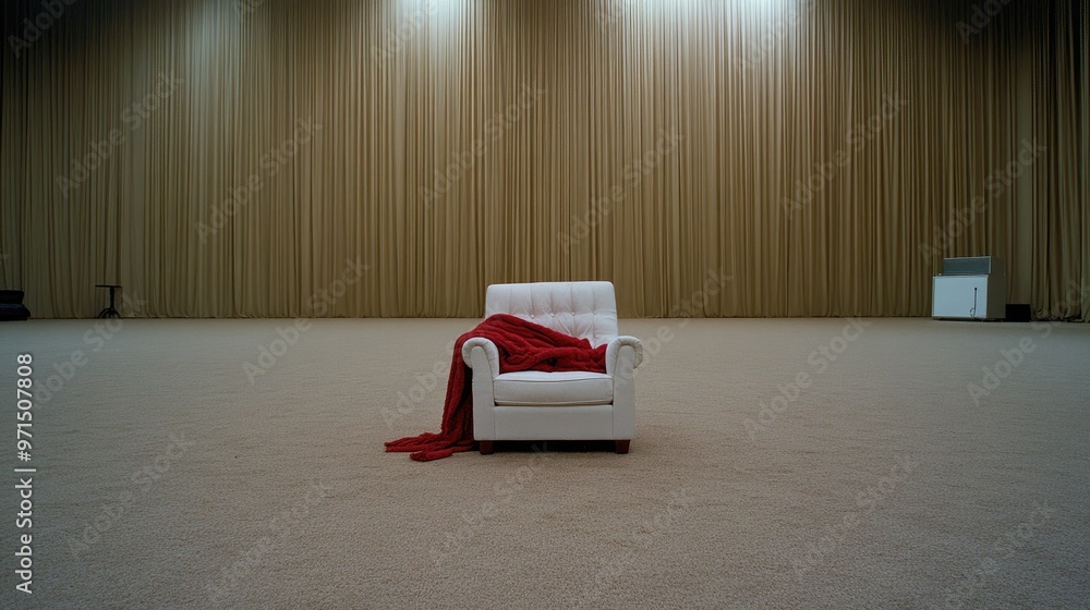 Naklejka premium A sleek white chair with a vibrant red blanket invites comfort in a spacious room featuring soft lighting and minimalist decor, offering a serene atmosphere