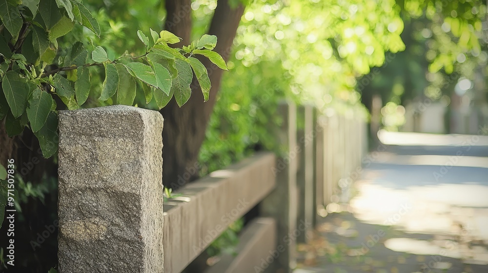 A tight shot of a stone planter within a enclosed space, featuring trees and a road with background presence A tight shot of a stone planter within a enclosed space, featuring trees and a road with background presence